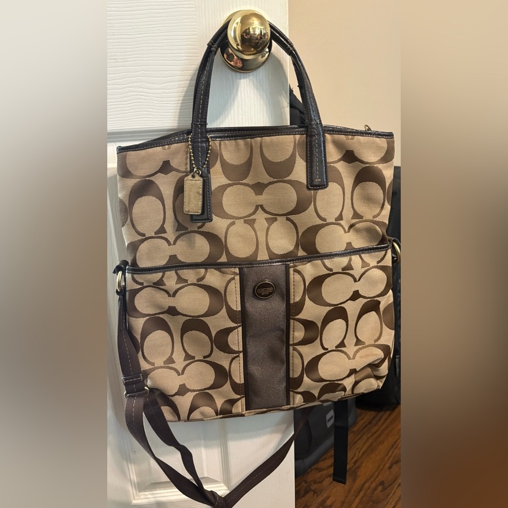 Coach Signature Canvas Tote/Messenger Bag - Brown/Tan